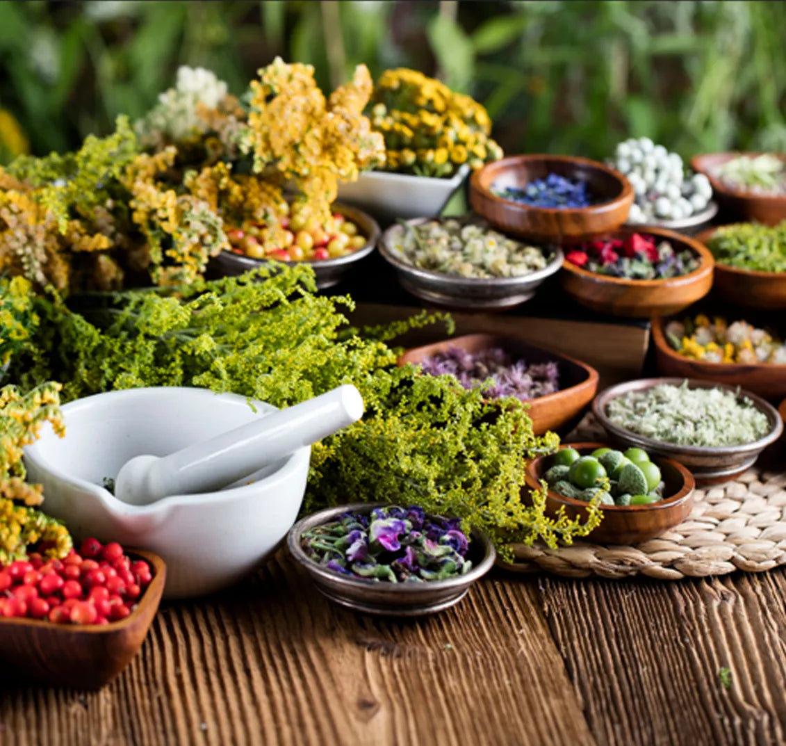 A variety of fresh herbs, flowers, berries, and botanicals placed in small wooden bowls around a white ceramic mortar and pestle, set against a natural, rustic wooden surface.